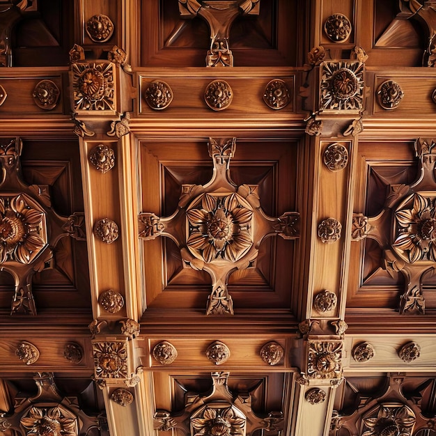 A close up of a wooden ceiling with ornate carvings