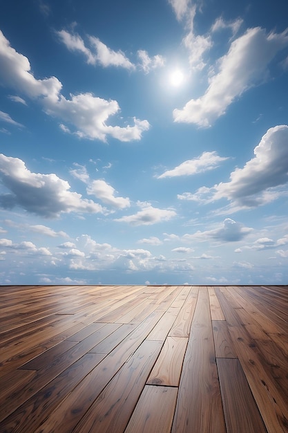 A close up of a wooden floor with a sky background generative ai