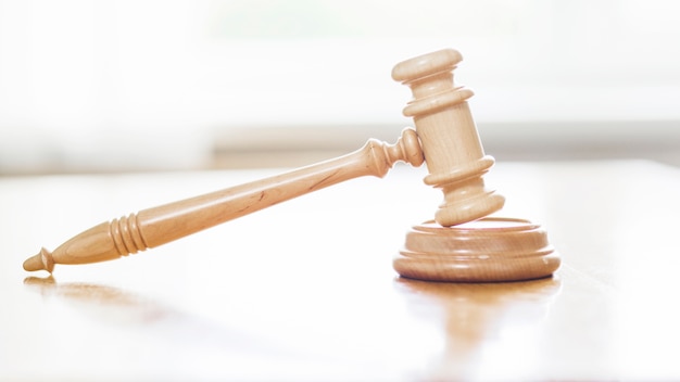 Close-up of wooden gavel in courtroom