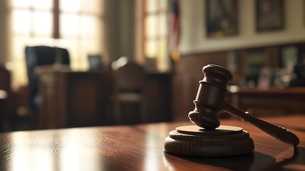 A close up of a wooden gavel on a table in a courtroom