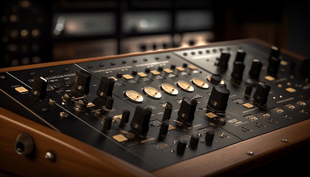 A close up of a wooden mixing console