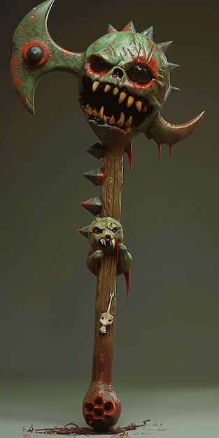 Photo a close up of a wooden stick with a zombie head on it