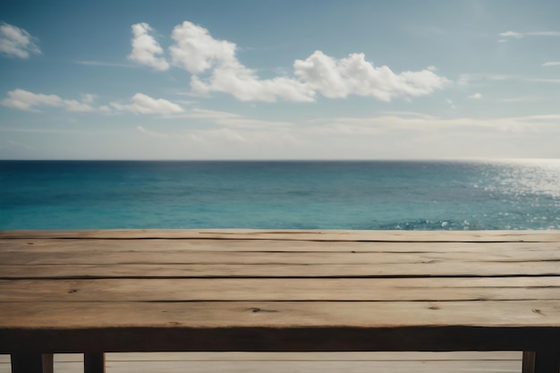 close up Wooden table on the background of the sea island and the blue sky