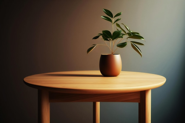 close up of a wooden table with a plant in the background in minimalist style