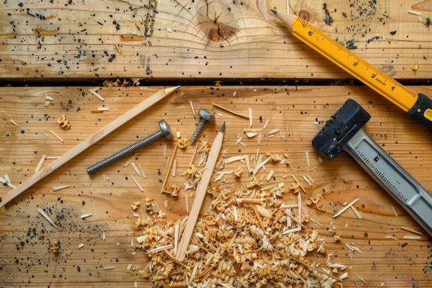 Photo close up of a wooden table with tools sawdust and a pencil