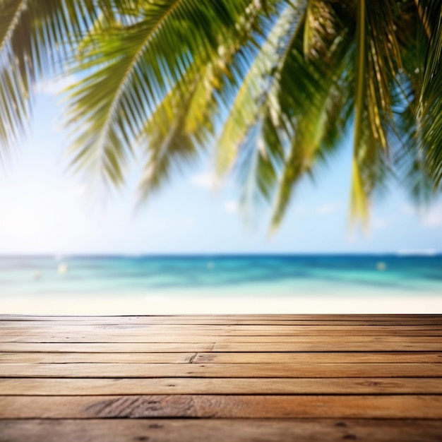 A close up of a wooden table with a view of the ocean generative ai