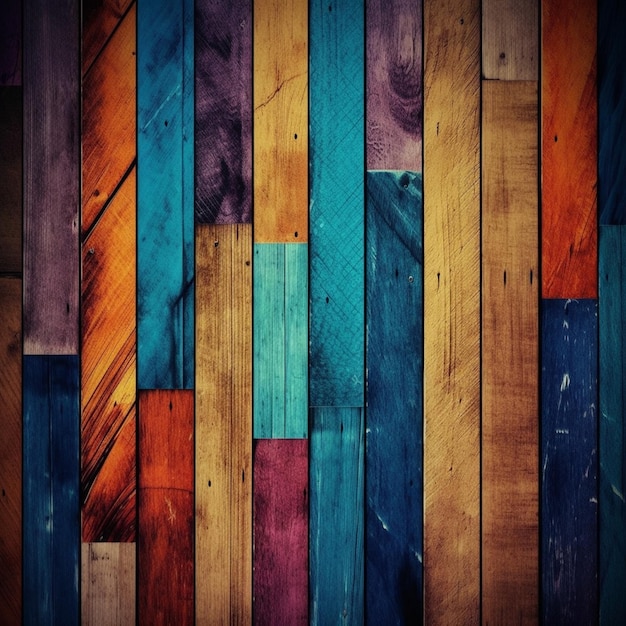 A close up of a wooden wall with different colors generative ai