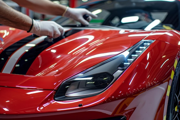 Photo close up of worker applying custom car wrap vinyl on red sports car front in auto workshop