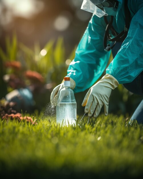 Photo close up of worker applying pesticide on lush green lawn outdoors for effective pest control