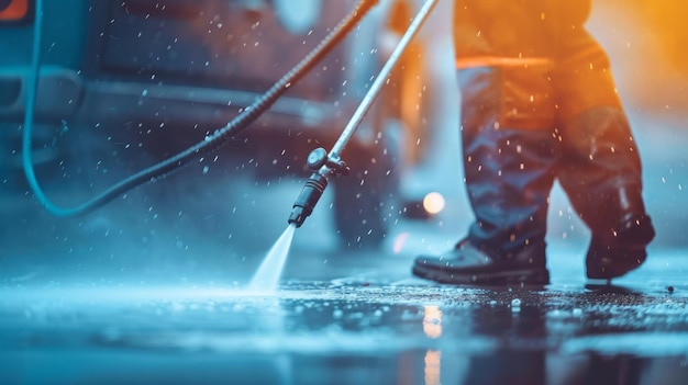 Photo close up of worker cleaning driveway with gasoline high pressure washer