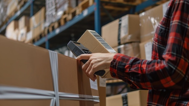 Close up of worker scan barcode of cardboard packages before delivery at storage