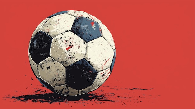 Photo a close up of a worn soccer ball against a bold red background