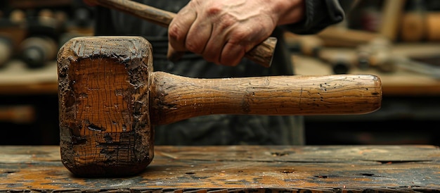 Photo a close up of a worn wooden mallet on a workshop table