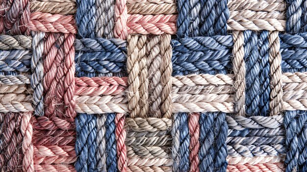 Close up of a woven rope fabric with red blue brown and white threads