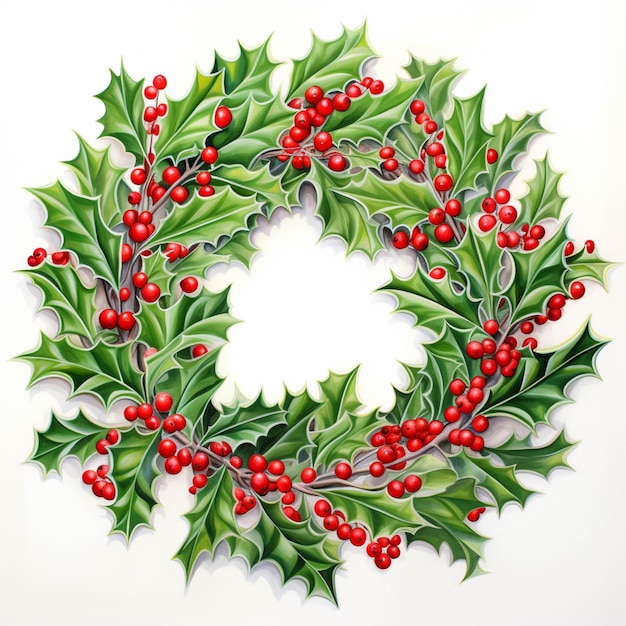 A close up of a wreath of holly leaves and red berries generative ai