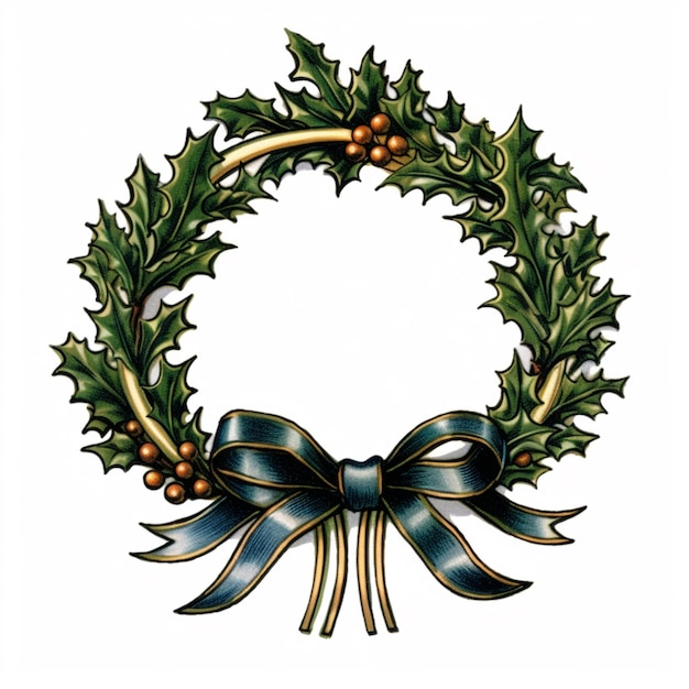 A close up of a wreath with a bow and holly leaves generative ai