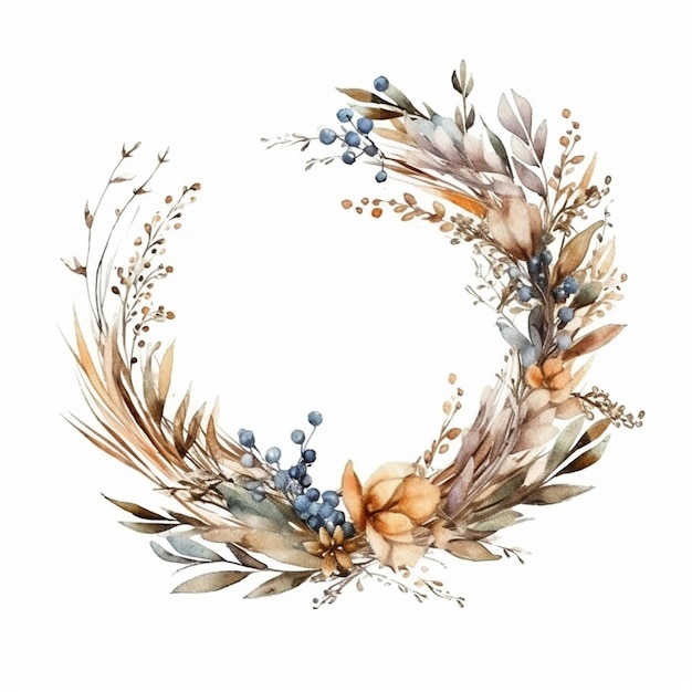 A close up of a wreath with flowers and leaves on a white background generative ai