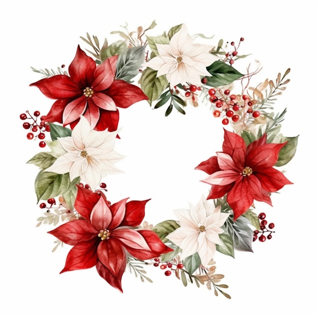 A close up of a wreath with poinsettis and berries generative ai