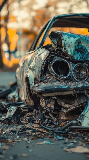 Photo a close up of wrecked car after severe accident showcasing damage and destruction