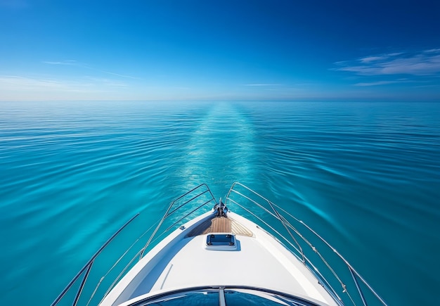 A close up of a yacht bow as it navigates through calm turquoise waters with the horizon stretching endlessly ahead