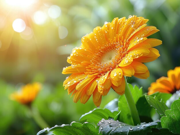 Close up of a yellow flower with dew on petals under sunlight and blue sky