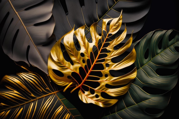 Close up of yellow leaf on black and green background with other leaves Generative AI