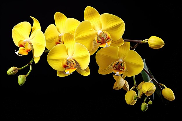 a close up of a yellow orchid with a black background