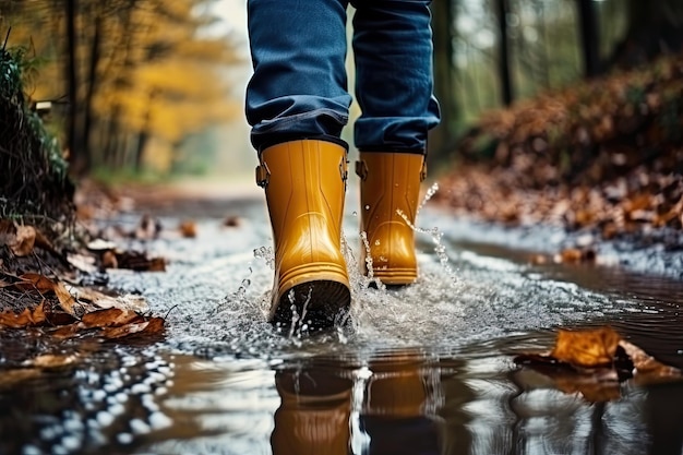 Close up of yellow rubber boots walking through puddle in park or forest in autumn Generative AI