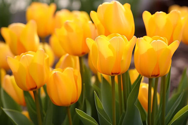 Close up yellow tulips in the garden