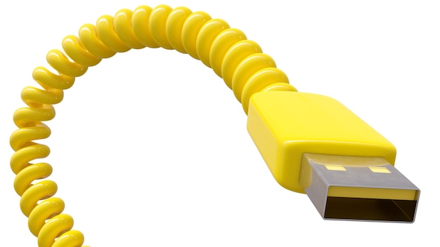 Close up of yellow USB cable isolated on white background. Yellow wire looks like a spiral cable. 3D render.