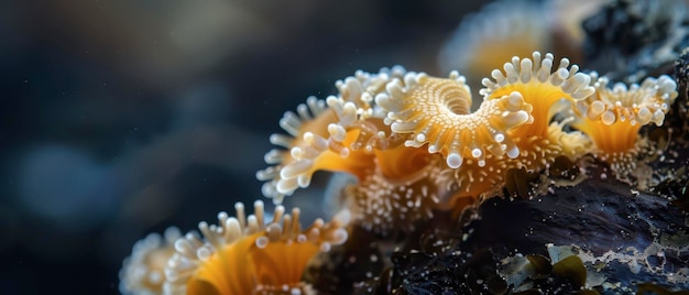 Close Up Of Yellow And White Coral Growing On A Dark Rock Underwater