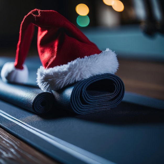 Close up of yoga mat with Santa Claus hat with home decorated for Christmas New Year Ai Generated