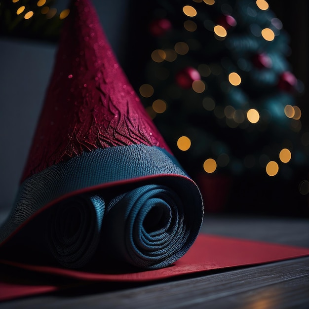 Close up of yoga mat with Santa Claus hat with home decorated for Christmas New Year Ai Generated