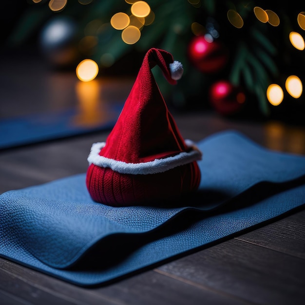 Close up of yoga mat with Santa Claus hat with home decorated for Christmas New Year Ai Generated