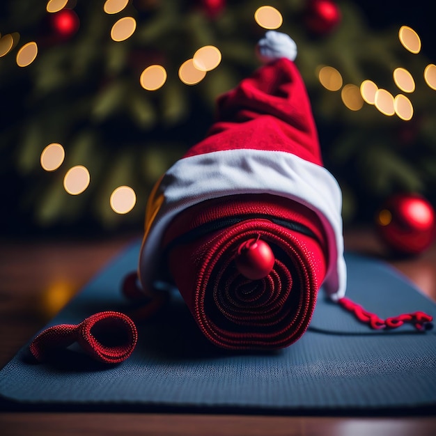 Close up of yoga mat with Santa Claus hat with home decorated for Christmas New Year Ai Generated