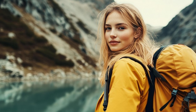 Close up of young attractive woman hiking in mountain