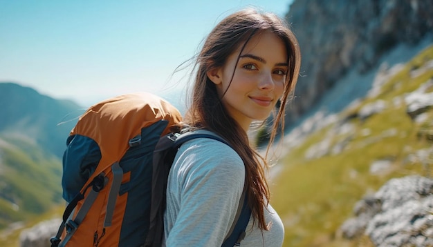 Close up of young attractive woman hiking in mountain