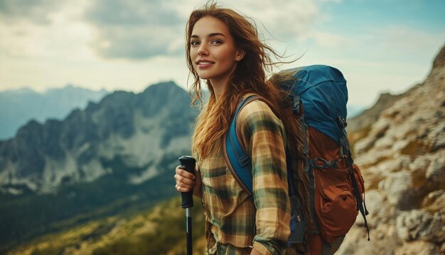 Close up of young attractive woman hiking in mountain