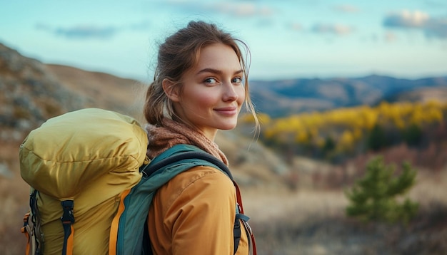 Close up of young attractive woman hiking in mountain