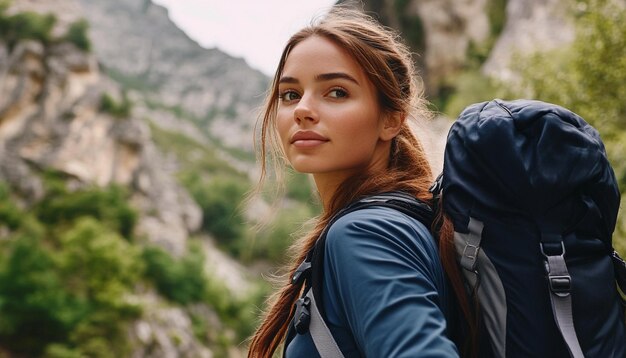 Close up of young attractive woman hiking in mountain