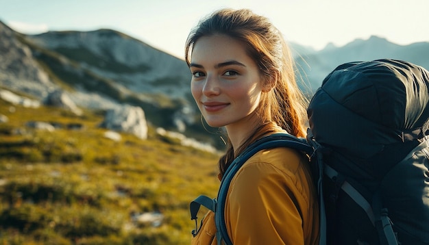 Close up of young attractive woman hiking in mountain