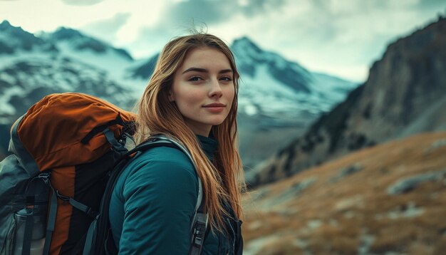 Close up of young attractive woman hiking in mountain