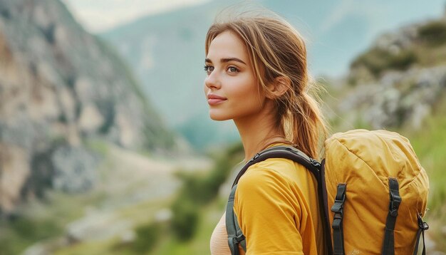 Close up of young attractive woman hiking in mountain