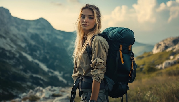 Close up of young attractive woman hiking in mountain