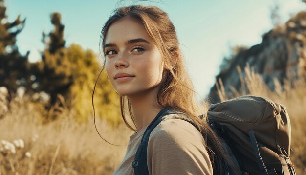 Photo close up of young attractive woman hiking in mountain