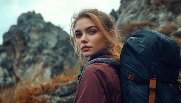 Close up of young attractive woman hiking in mountain