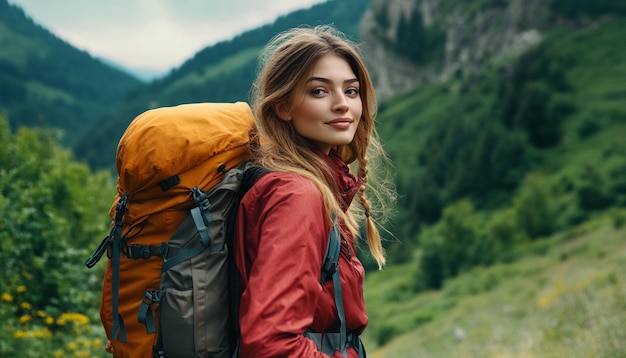 Close up of young attractive woman hiking in mountain