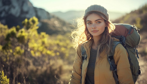 Close up of young attractive woman hiking in mountain