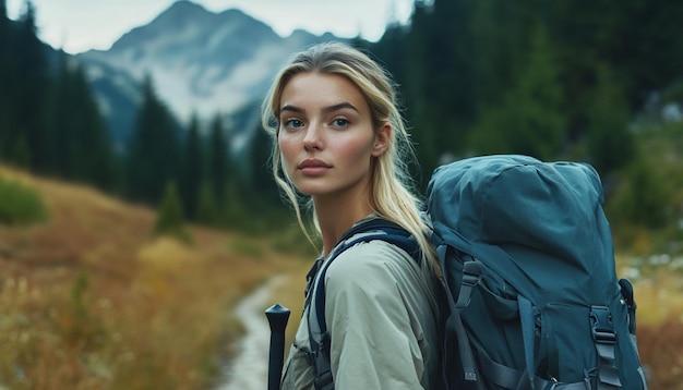 Close up of young attractive woman hiking in mountain