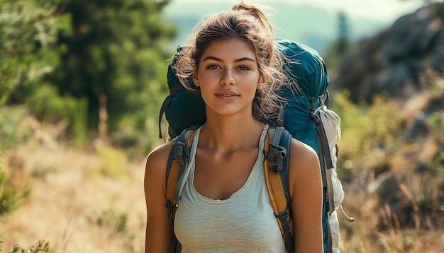 Photo close up of young attractive woman hiking in mountain